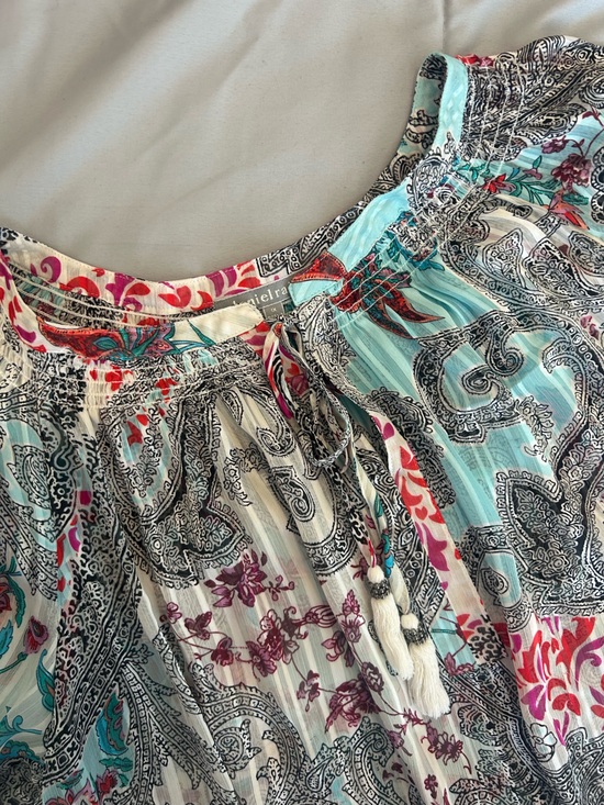 Daniel Rainn Tops - Daniel Rainn 1X Aqua & Pink Floral Paisley Peasant Blouse